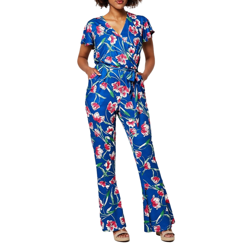LEOTA Gabriella Flare Leg Wrap style jumpsuit in Floral Blue Jumpsuit